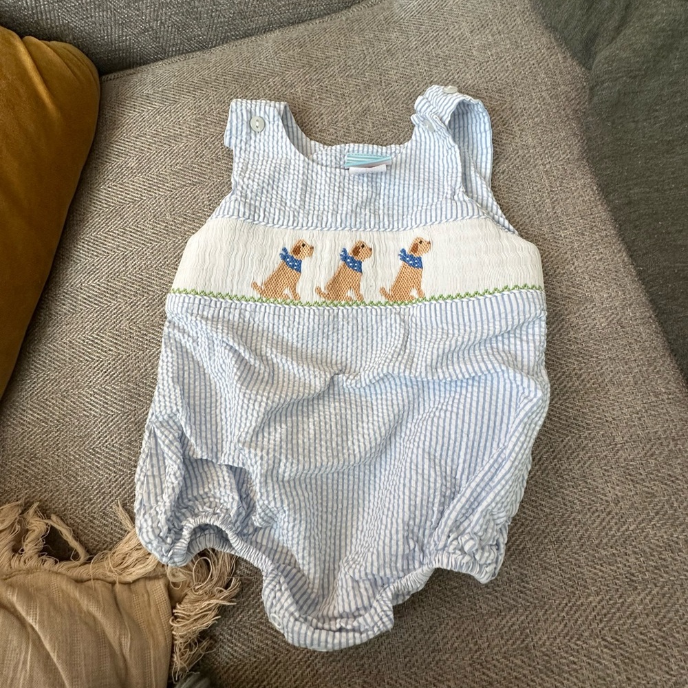 COPY - Southern Sunshine Puppies Smocked Seersucker Bubble 12M